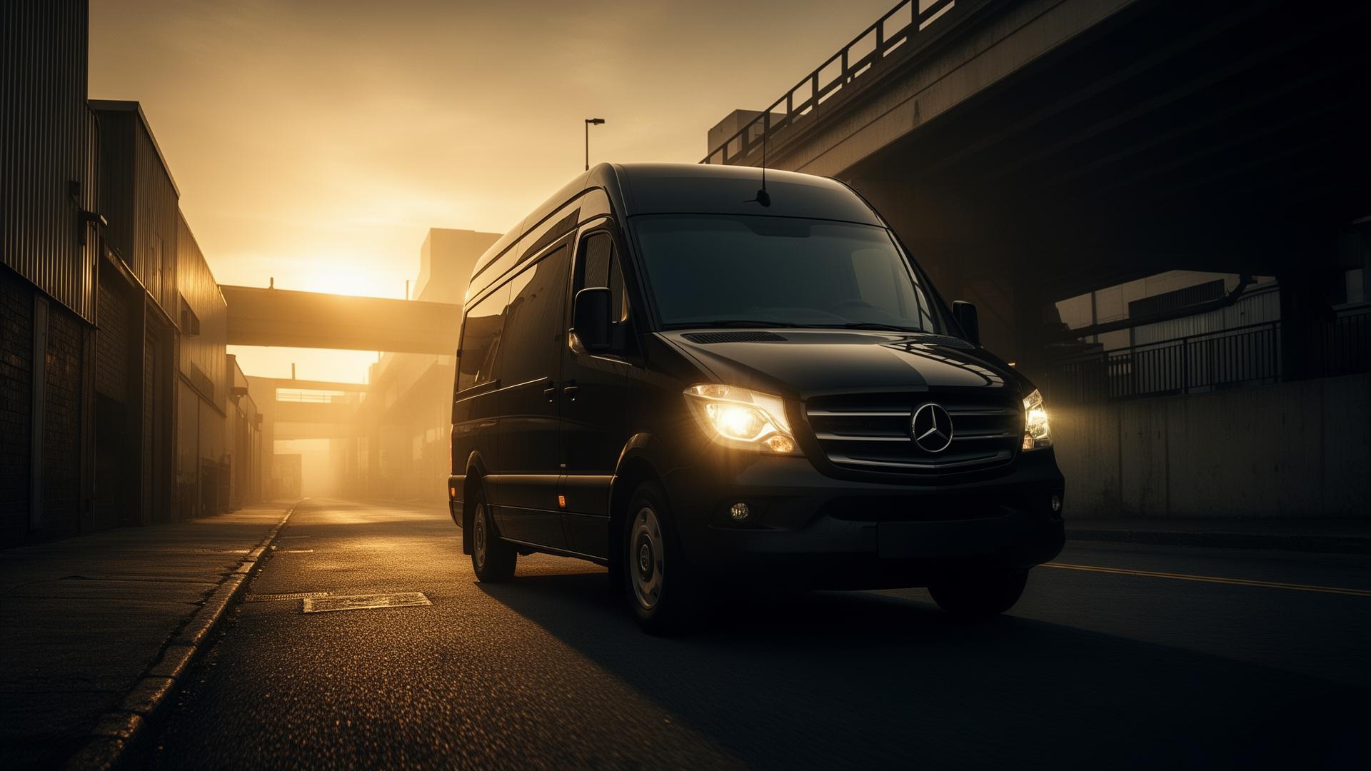 Black cargo van on an urban road at golden hour